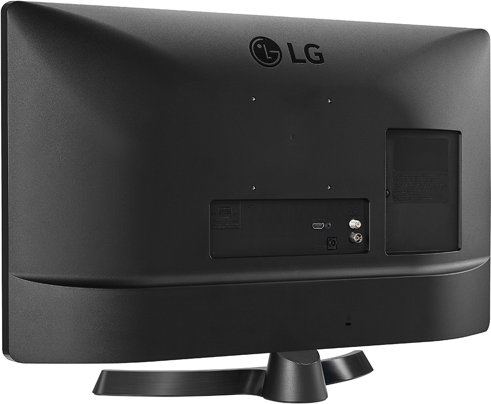 Egy fekete LG TV hátulja. Különböző portokkal és állvánnyal rendelkezik.