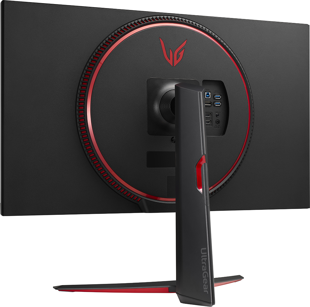 Fekete monitor hátulja. Piros díszítések, portok és állvány. LG és UltraGear logók.