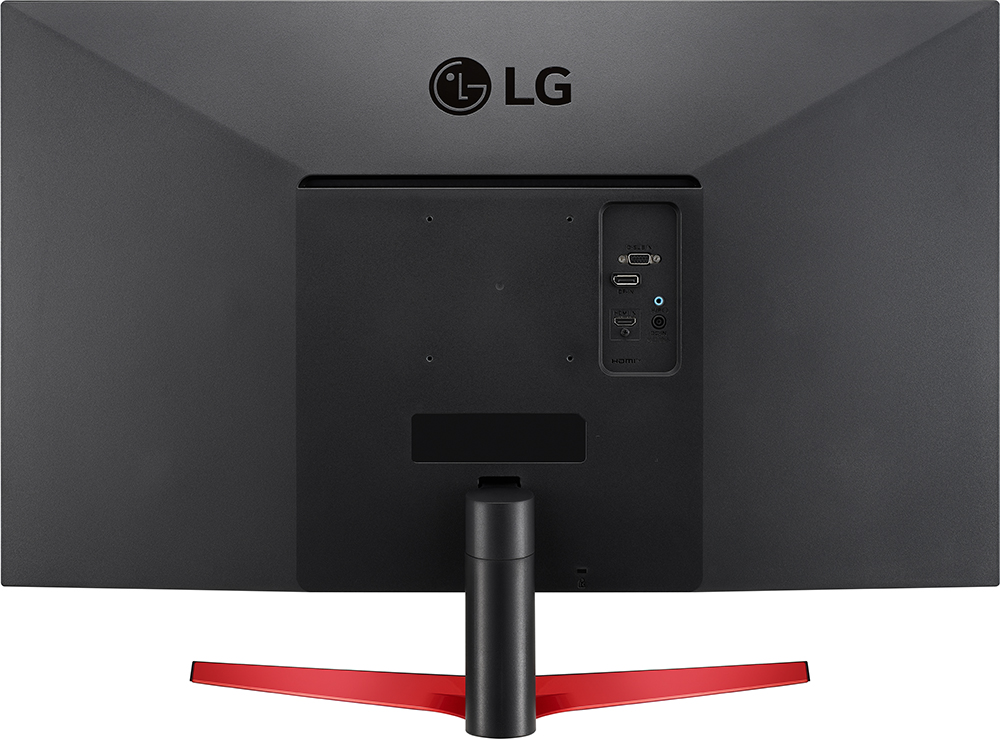 Egy fekete LG monitor hátulja, látható portokkal. Piros-fekete állványa van.