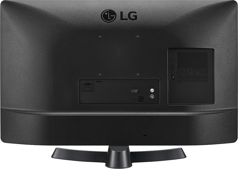 Fekete LG TV hátulja portokkal, fehér háttéren.