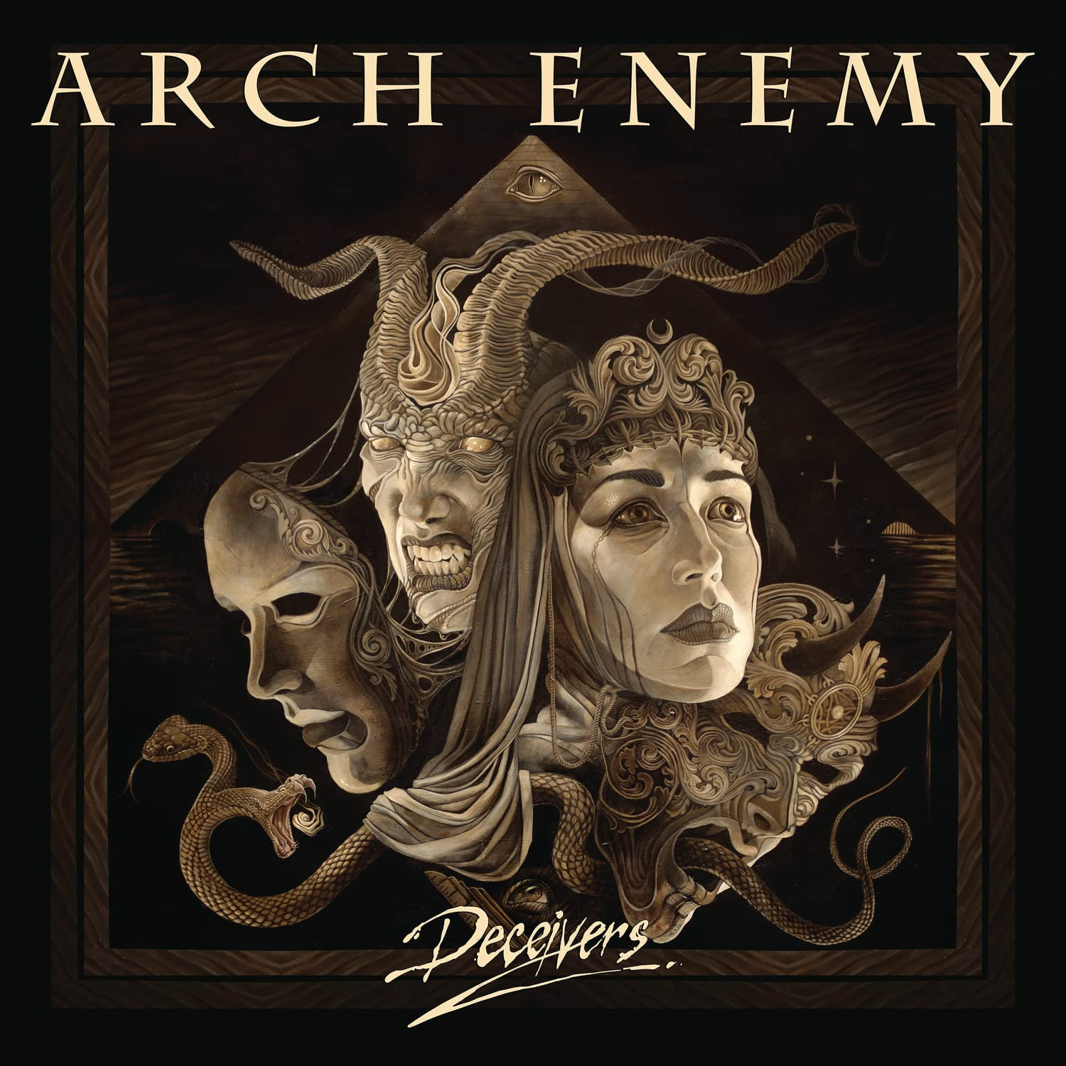 Az Arch Enemy - Deceivers album borítója. Arcokat és kígyót ábrázol. Sötét, művészi stílus.