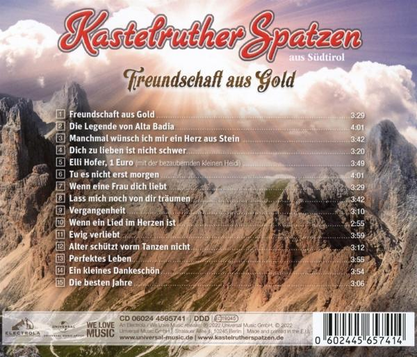 Die Rückseite einer CD von Kastelruther Spatzen, die eine Berglandschaft und Titellisten zeigt.