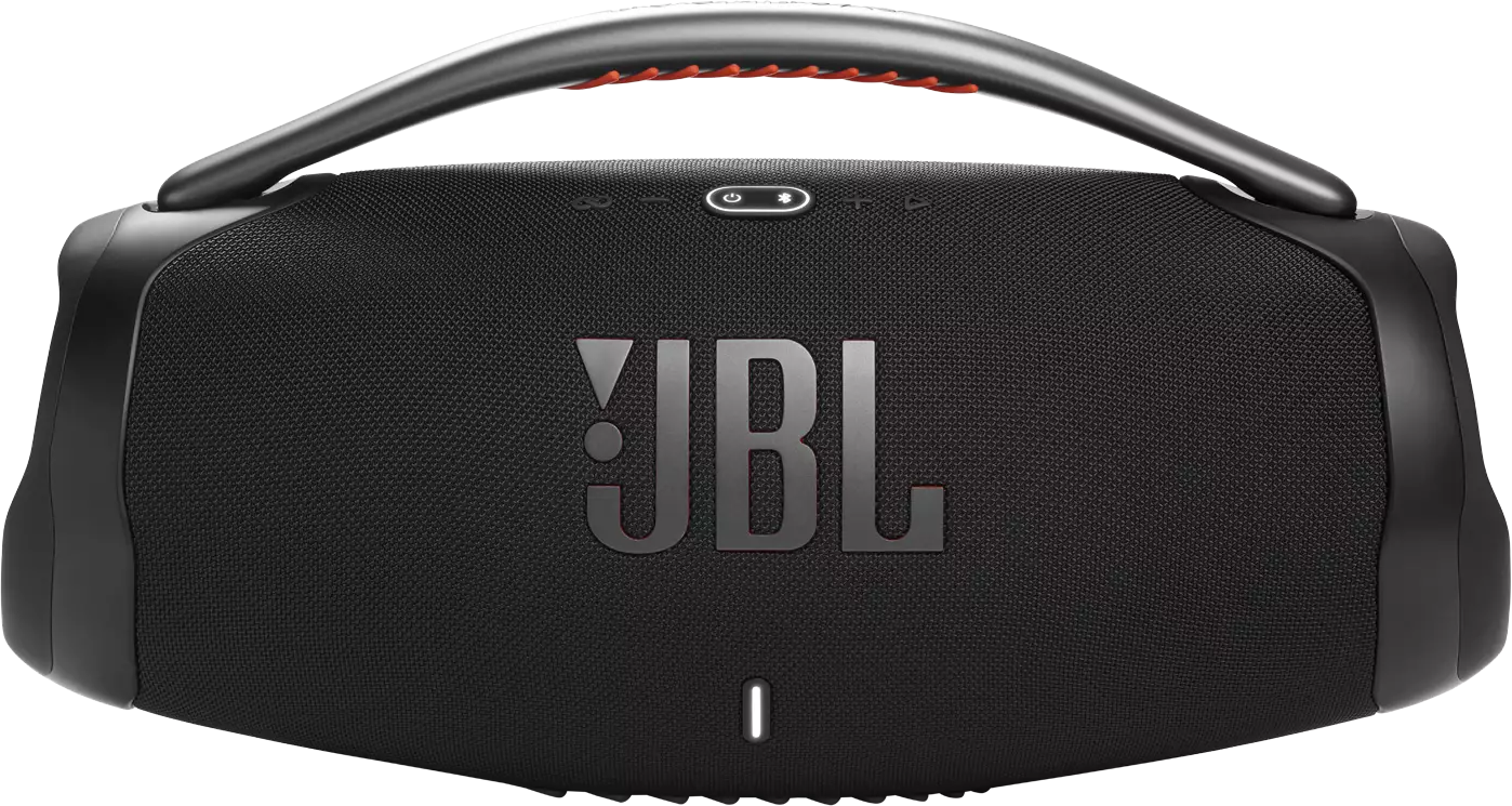 Schwarzer JBL-Lautsprecher mit Griff. Er hat das JBL-Logo und Knöpfe. Orangefarbene Nähte am Griff.
