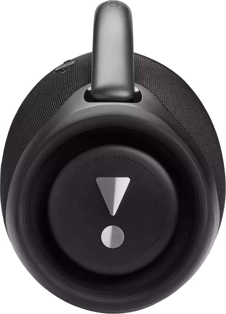 Schwarzer JBL-Lautsprecher mit grauem Griff. Ein silbernes Ausrufezeichen-Symbol befindet sich in der Mitte. Der Lautsprecher ist oval geformt.