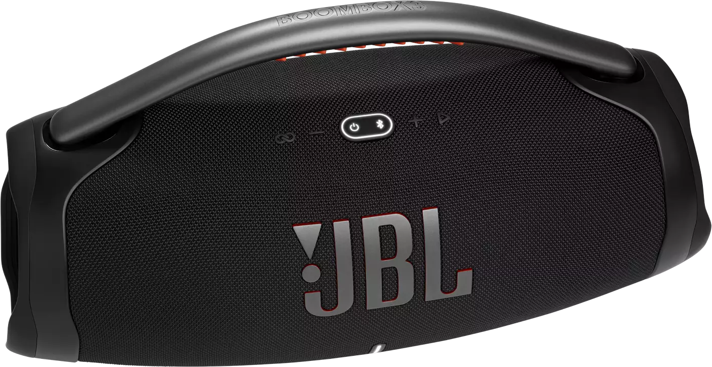Schwarzer JBL Boombox 3 Lautsprecher. Mit schwarzem Griff, Bedienelementen und JBL-Logo in Rot.