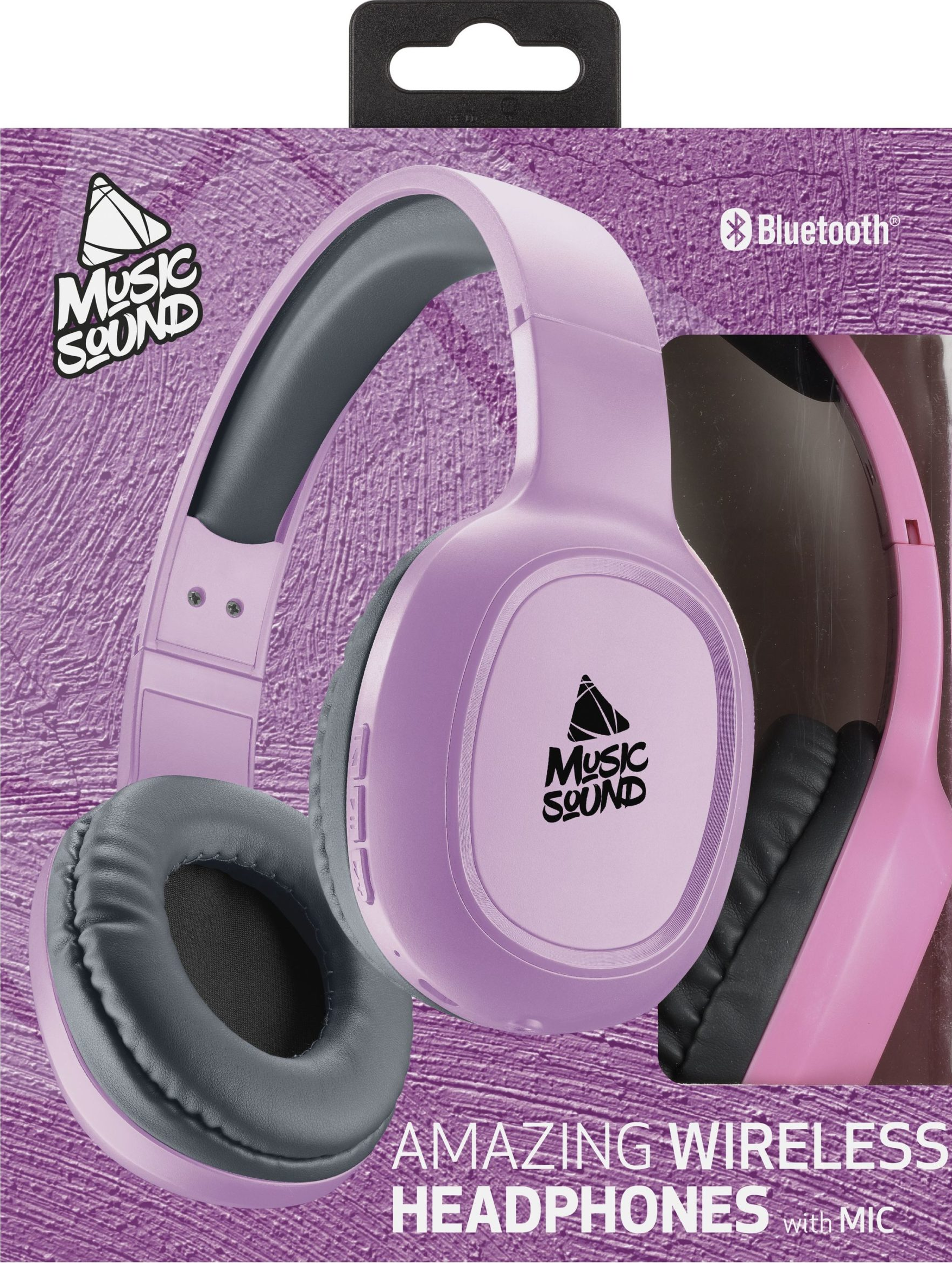 Cuffie rosa su una scatola. La scatola riporta le scritte "Music Sound" e "Wireless Headphones".