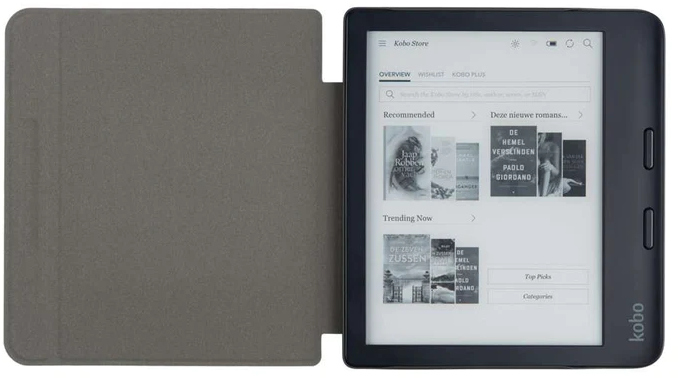 An open E-reader with a book display and cover attached.