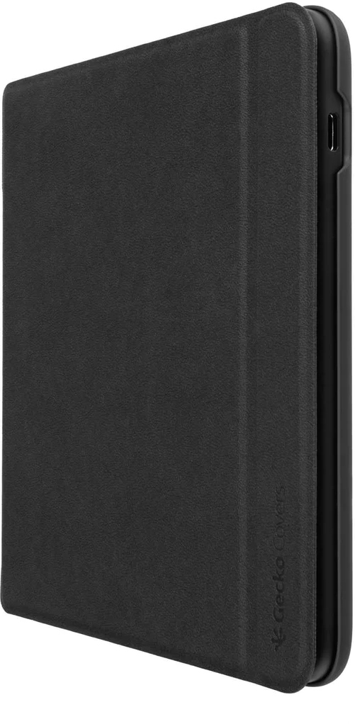 A black tablet case. The case is closed and angled slightly.