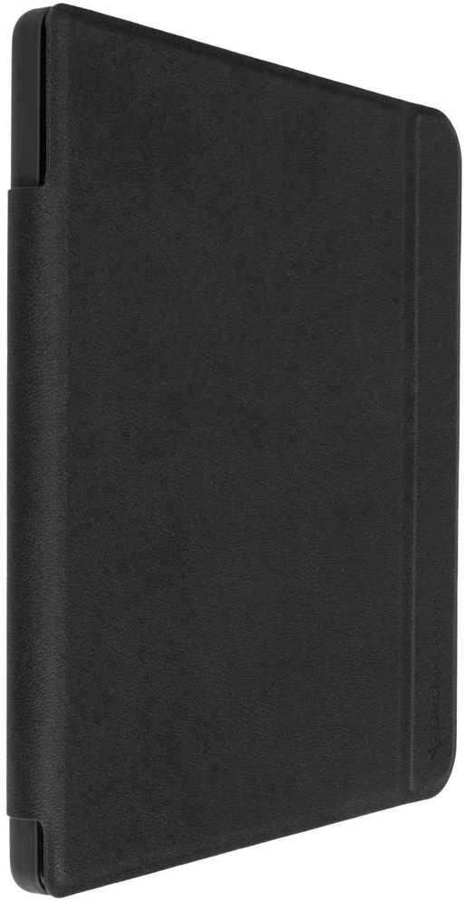 Black tablet cover. Smooth texture. Rectangle shape, dark color. Sleek design.