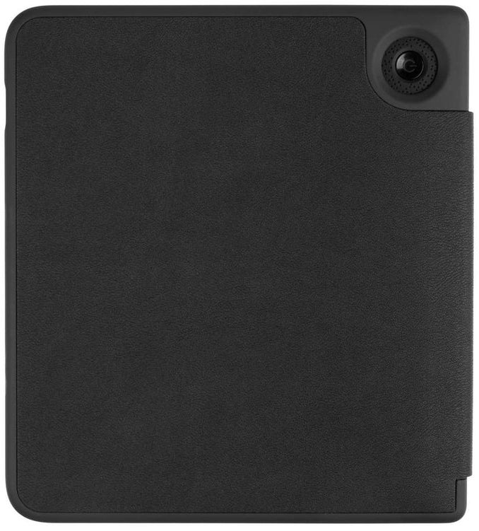 Black square cover with a camera lens on the top right corner. Texture is visible.