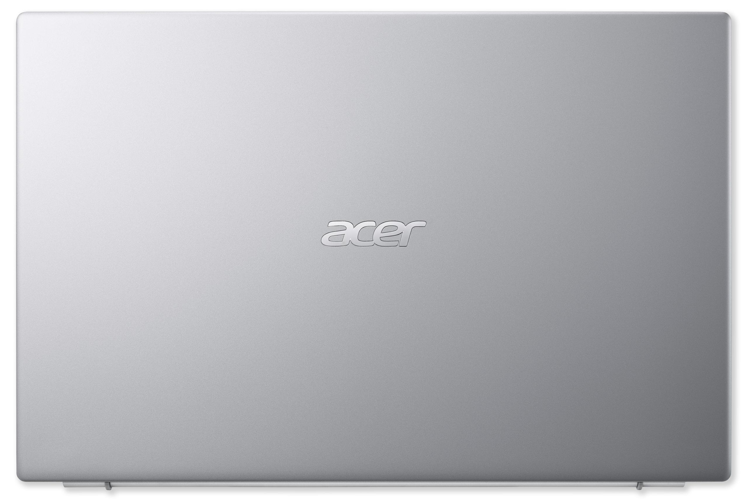 Draufsicht auf einen silbernen Laptop mit dem Acer-Logo mittig auf dem Deckel vor weißem Hintergrund.