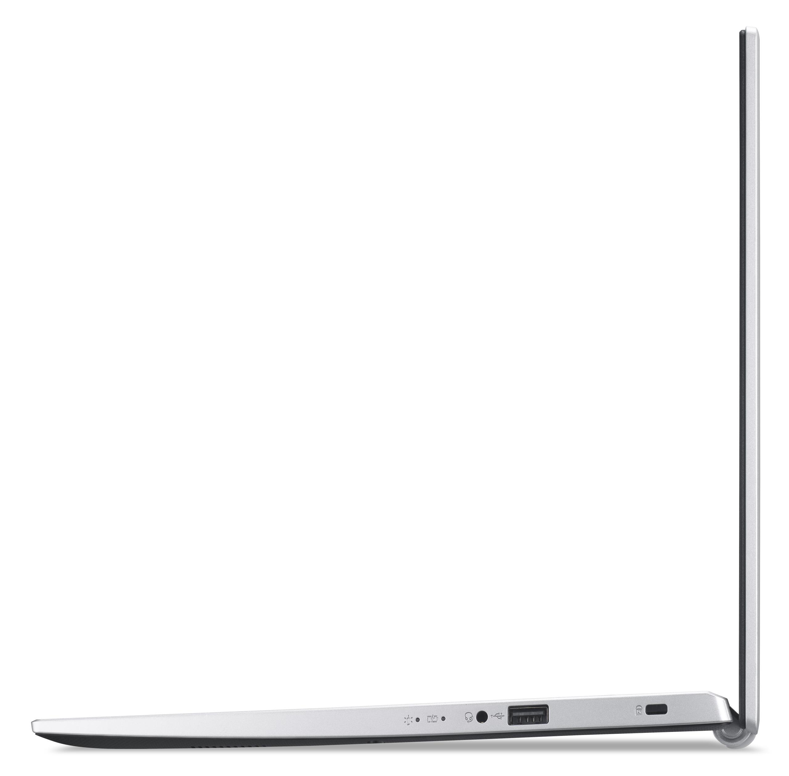 Seitenansicht eines silbernen Laptops mit Anschlüssen und schlankem Design.