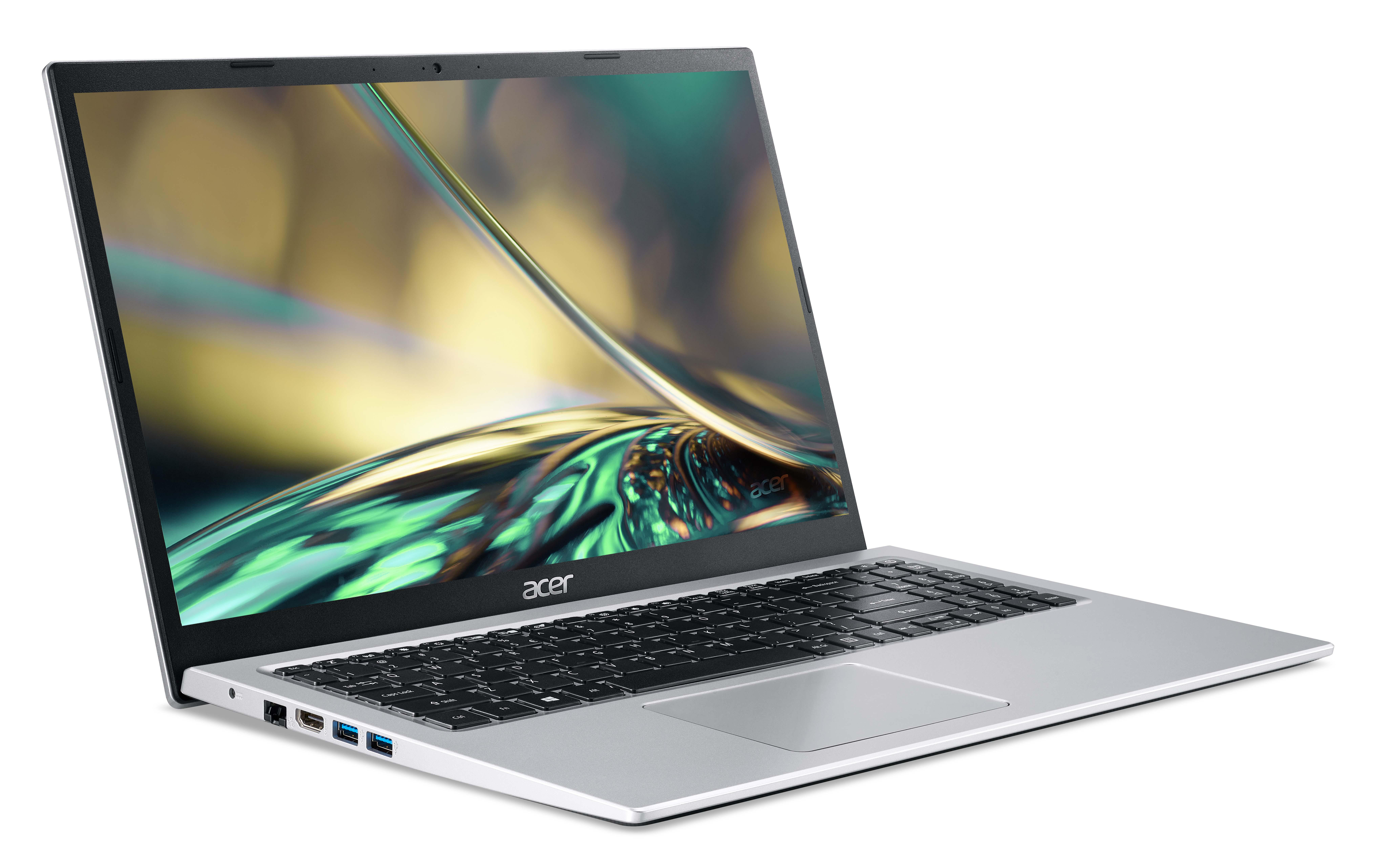 Silberner Laptop auf weißer Oberfläche, leicht geöffnet.