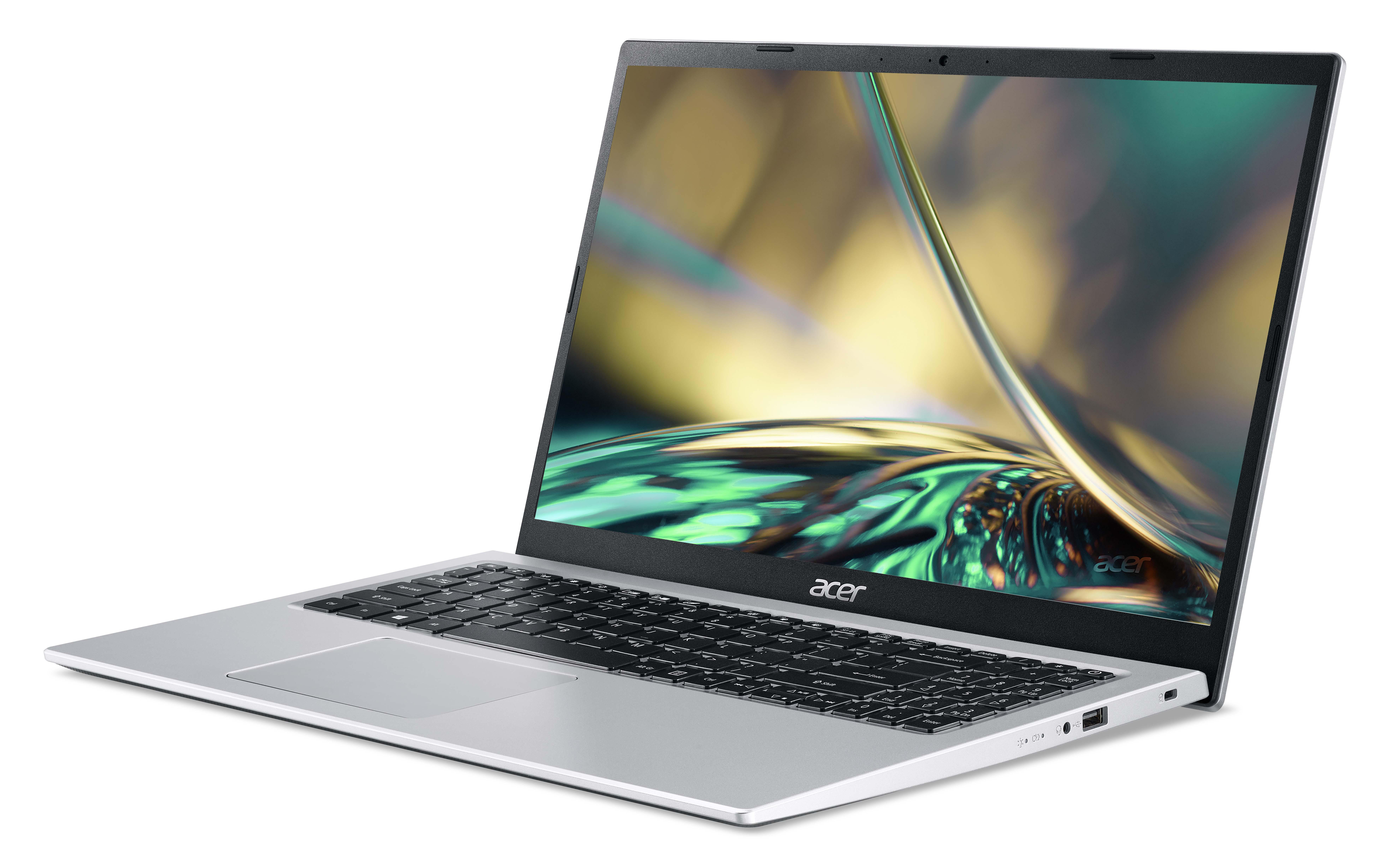 Silberner Laptop mit schwarzer Tastatur auf weißem Hintergrund.