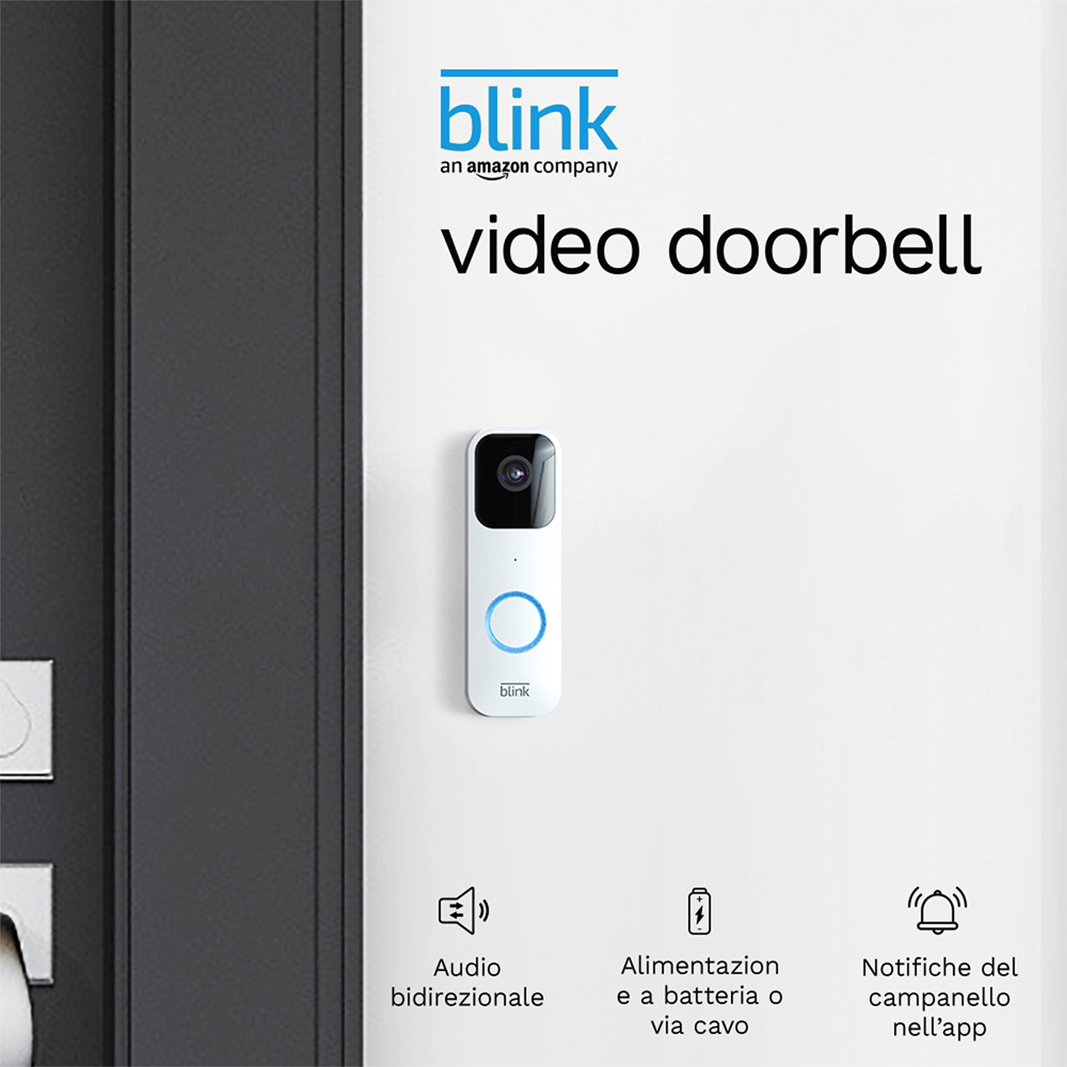 Un videocitofono bianco montato su un muro con il marchio blink.