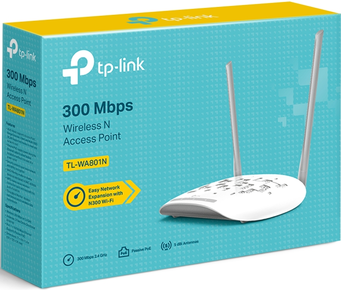 Weißer TP-Link Wireless Access Point-Karton mit Antennen, Produktdetails werden angezeigt.
