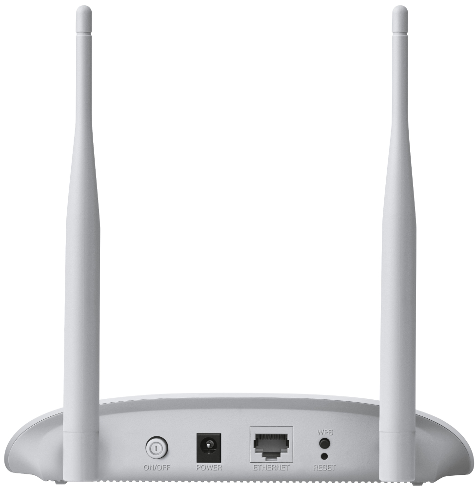 Ein weißer Router mit zwei Antennen. Die Rückseite zeigt Strom-, Ethernet- und Reset-Anschlüsse.