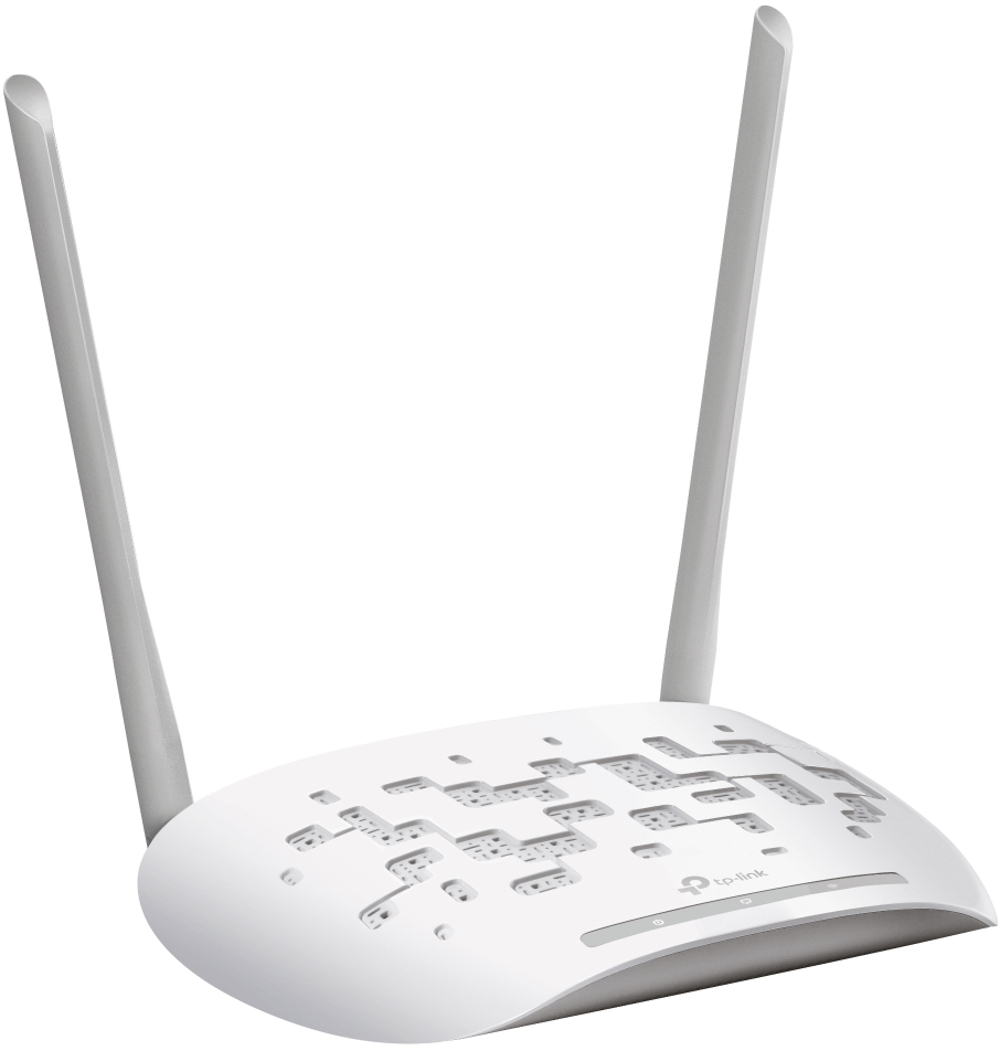 Weißer tp-link Router mit zwei Antennen. Der Router ist weiß mit gemusterter Oberseite und zwei Antennen.
