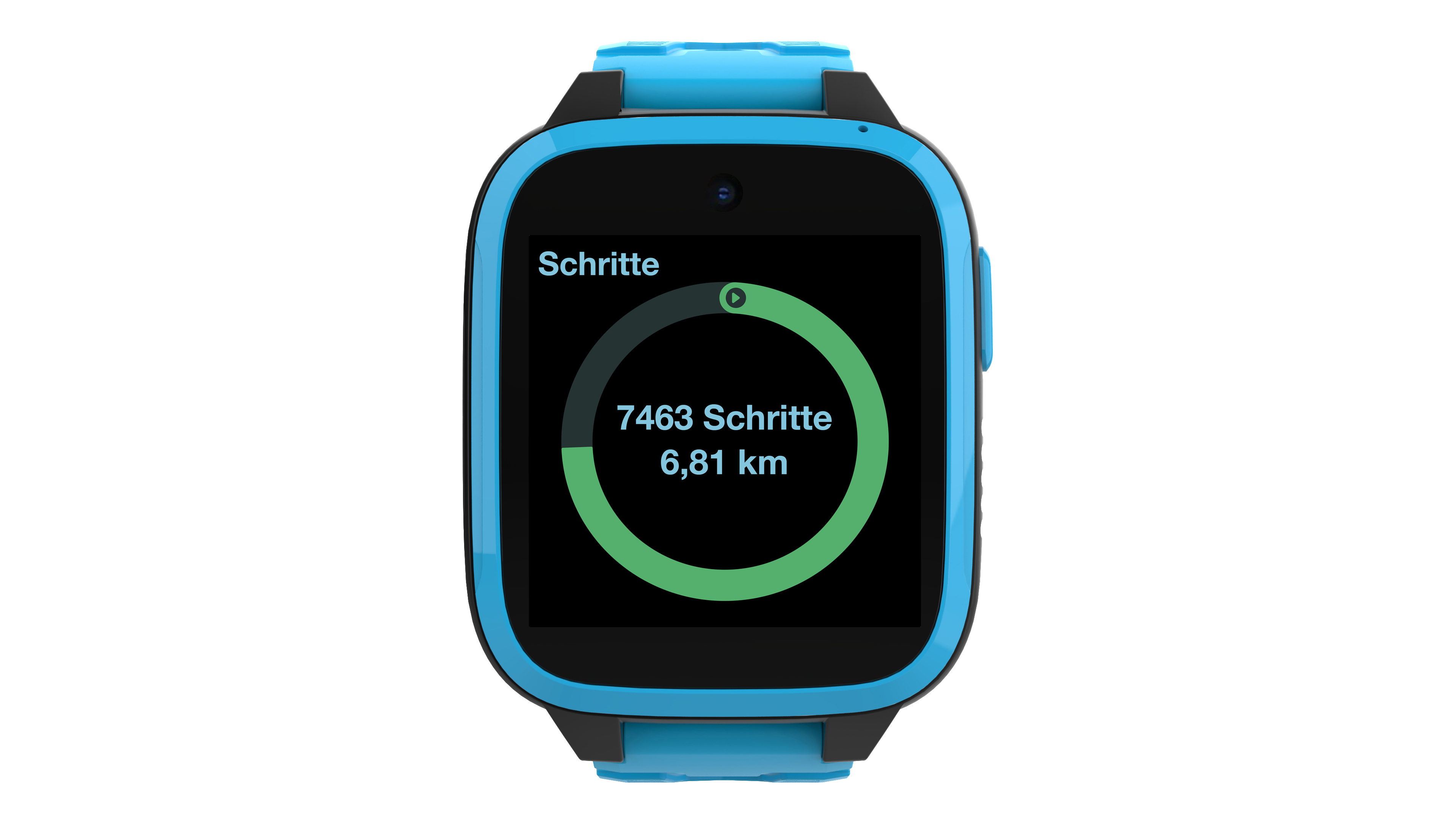 Eine Smartwatch, die Schritte und Distanzdaten in einem Kreis anzeigt.