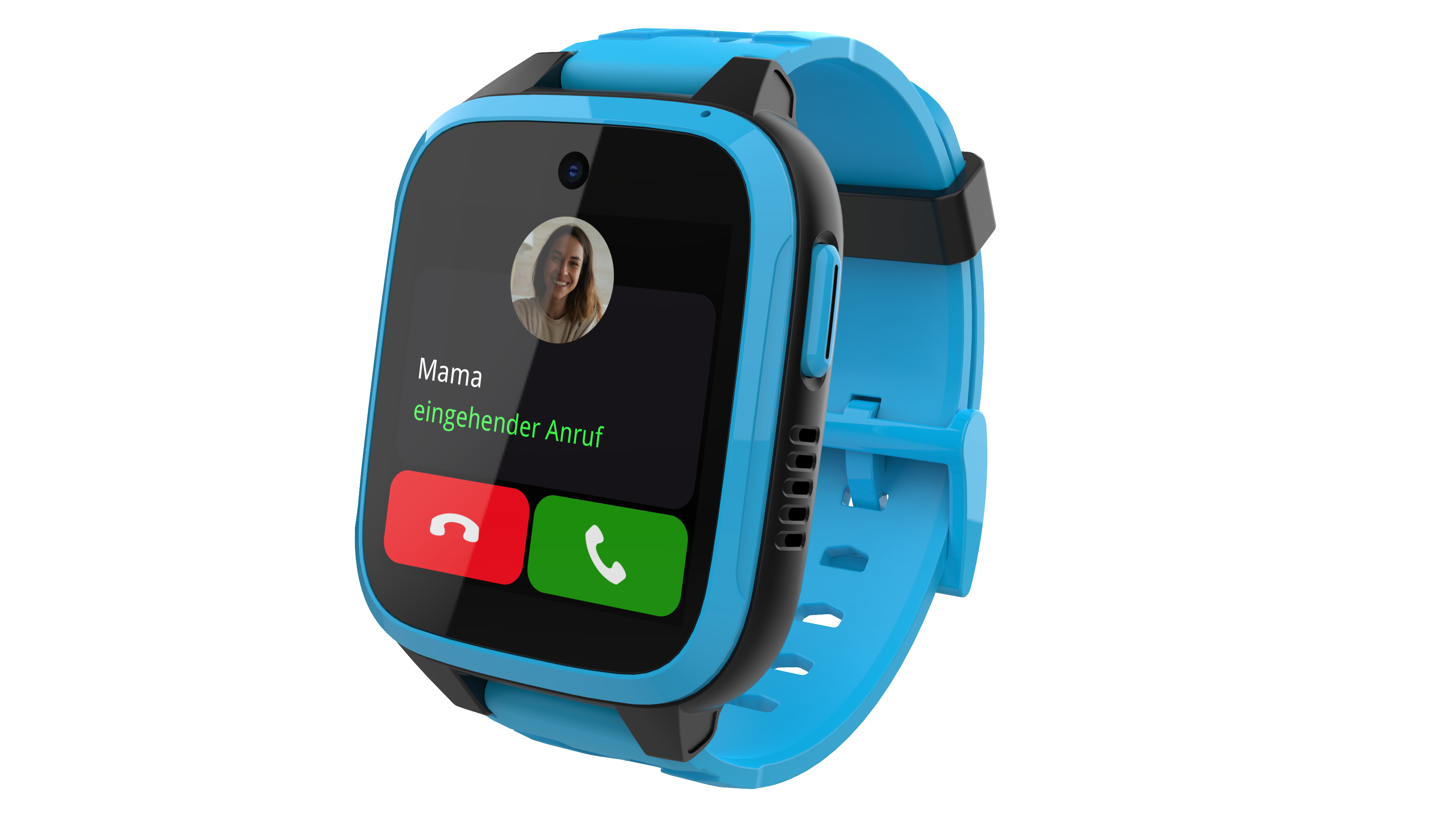 Eine blaue Smartwatch mit einem Bildschirm, der einen eingehenden Anruf von 'Mama' anzeigt. Rote und grüne Tasten werden angezeigt.