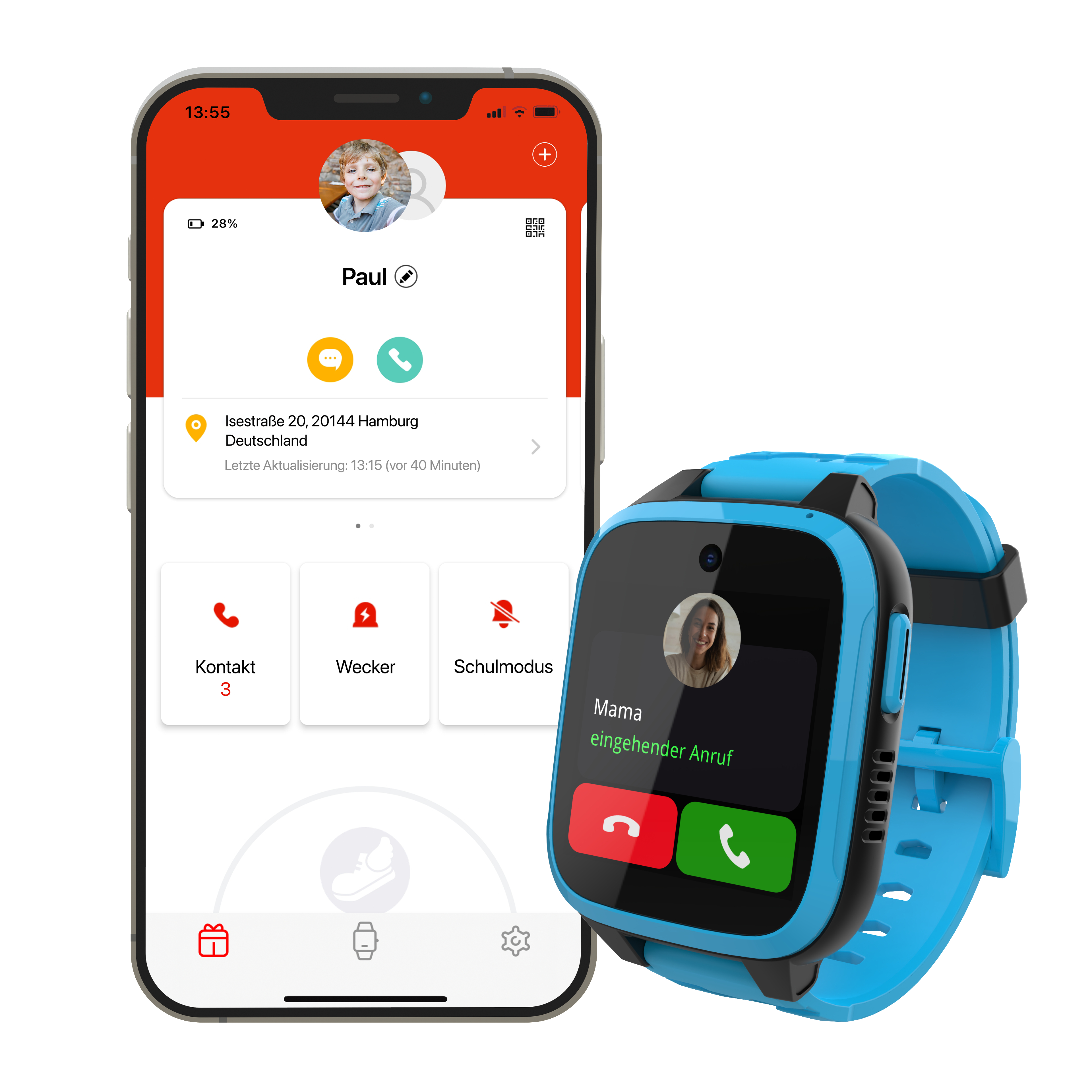 Smartphone mit App, die das Profil eines Kindes und eine Smartwatch zeigt.