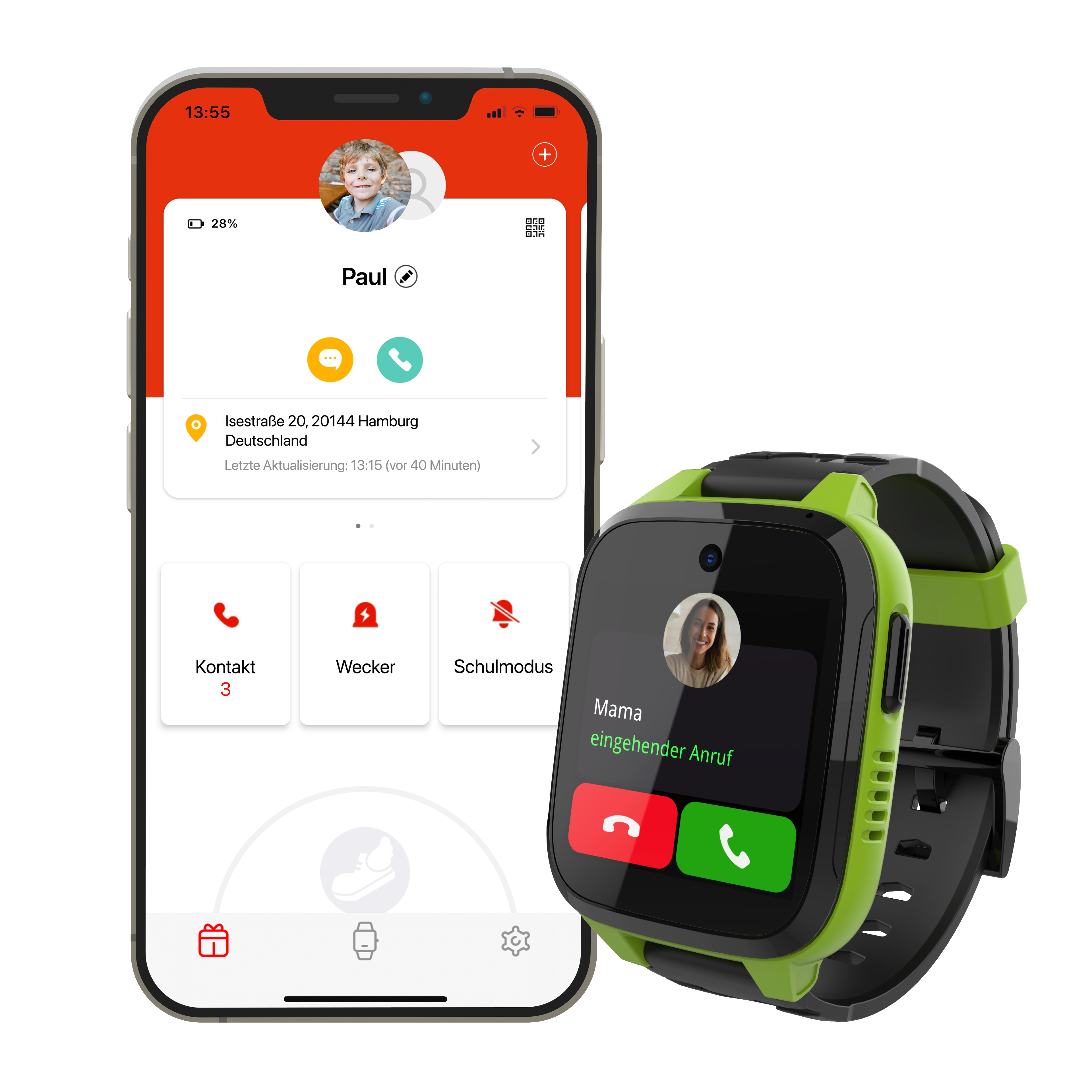 Smartphone und Smartwatch zeigen Kontakt- und Anrufinformationen im grün-schwarzen Farbschema.