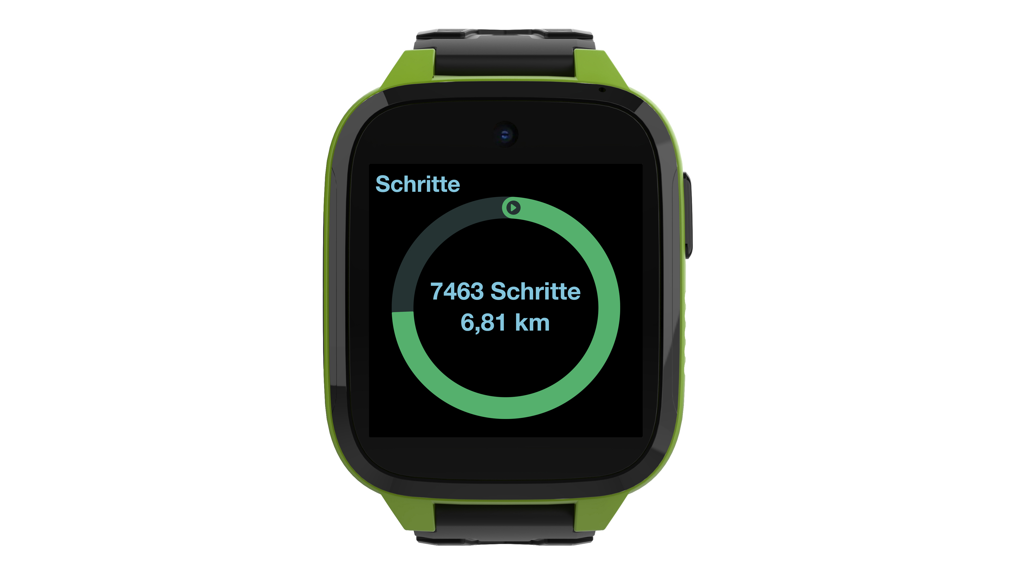 Grüne und schwarze Smartwatch, die Schritte, Distanz und Kalorien anzeigt.