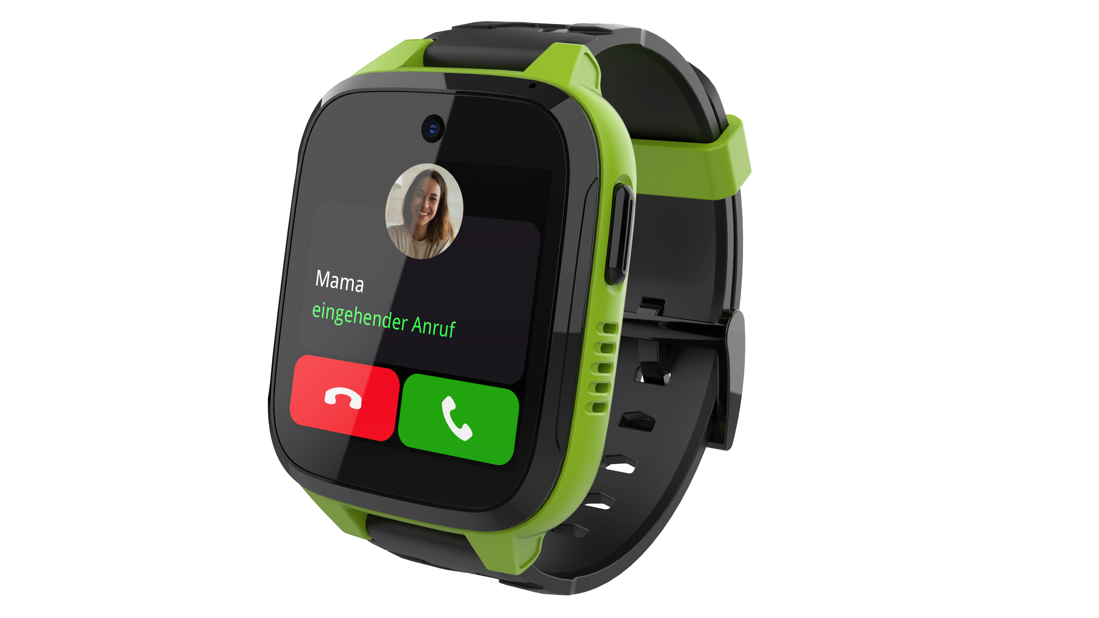 Smartwatch mit Bild einer Frau auf dem Bildschirm. Grün-schwarzes Armband. Weißer Hintergrund.