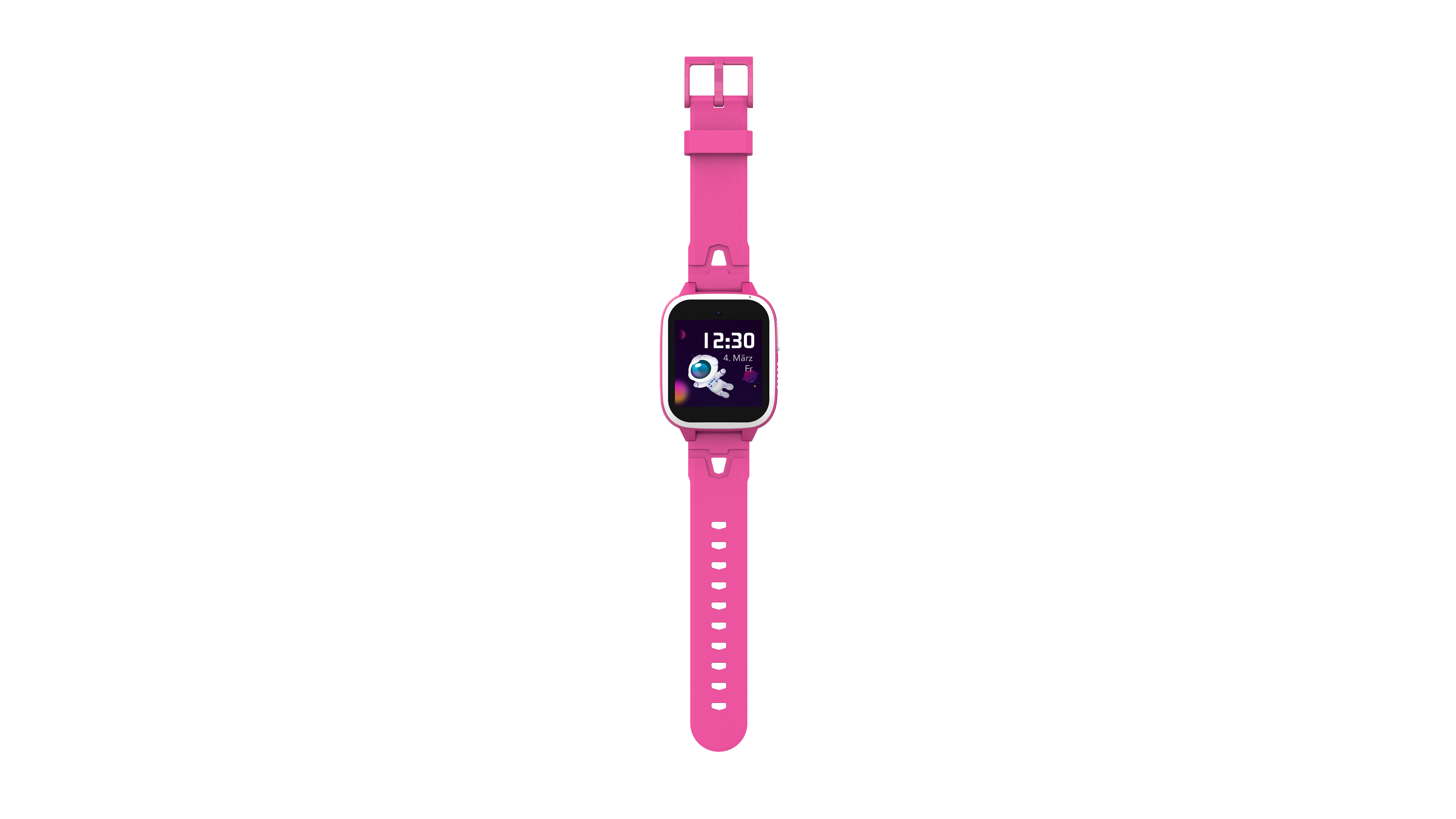 Rosa Smartwatch mit Astronauten-Anzeige. Weißer Hintergrund.