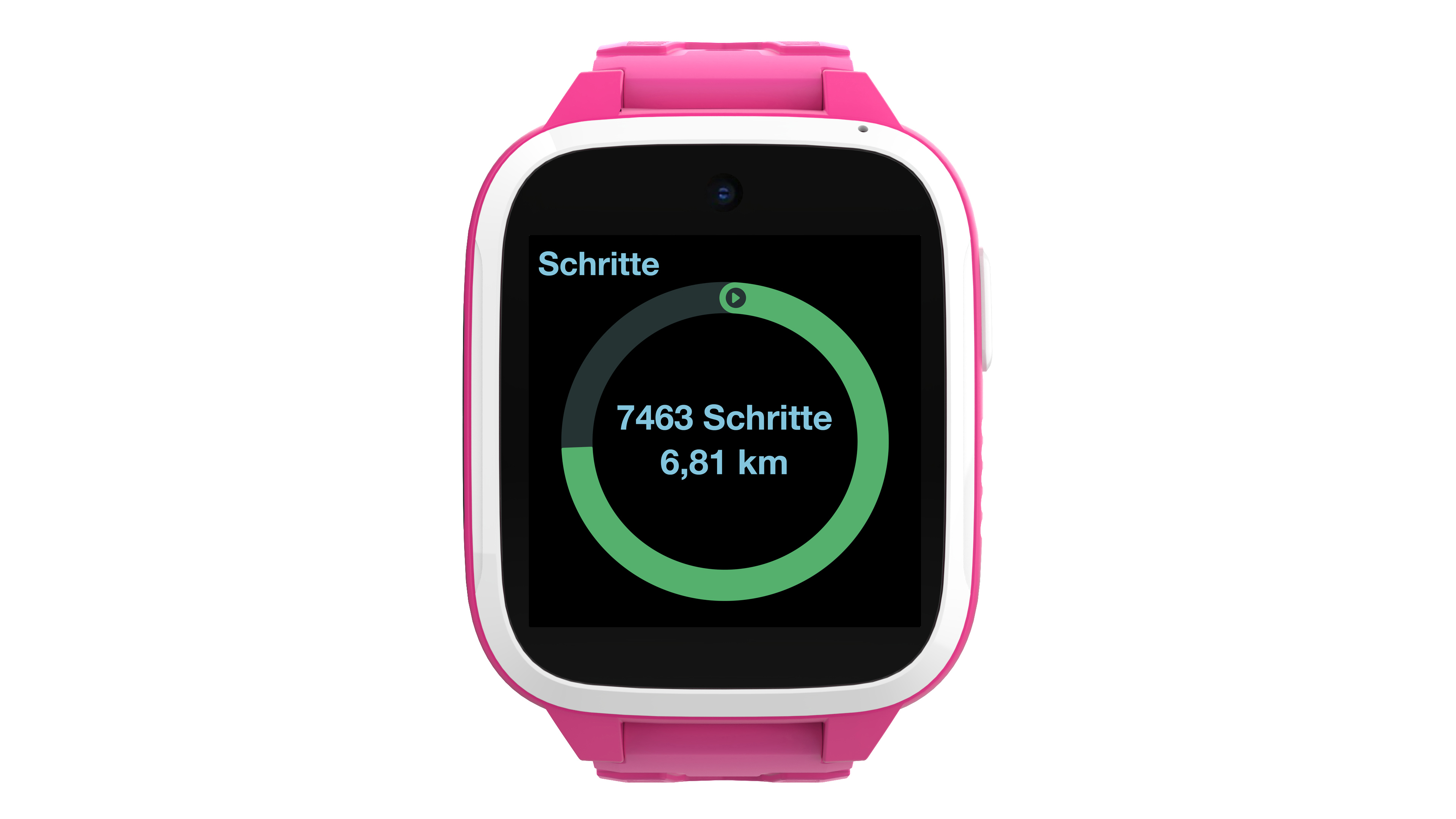 Pinke Smartwatch mit schwarzem Display, das Schritte und Entfernung anzeigt.