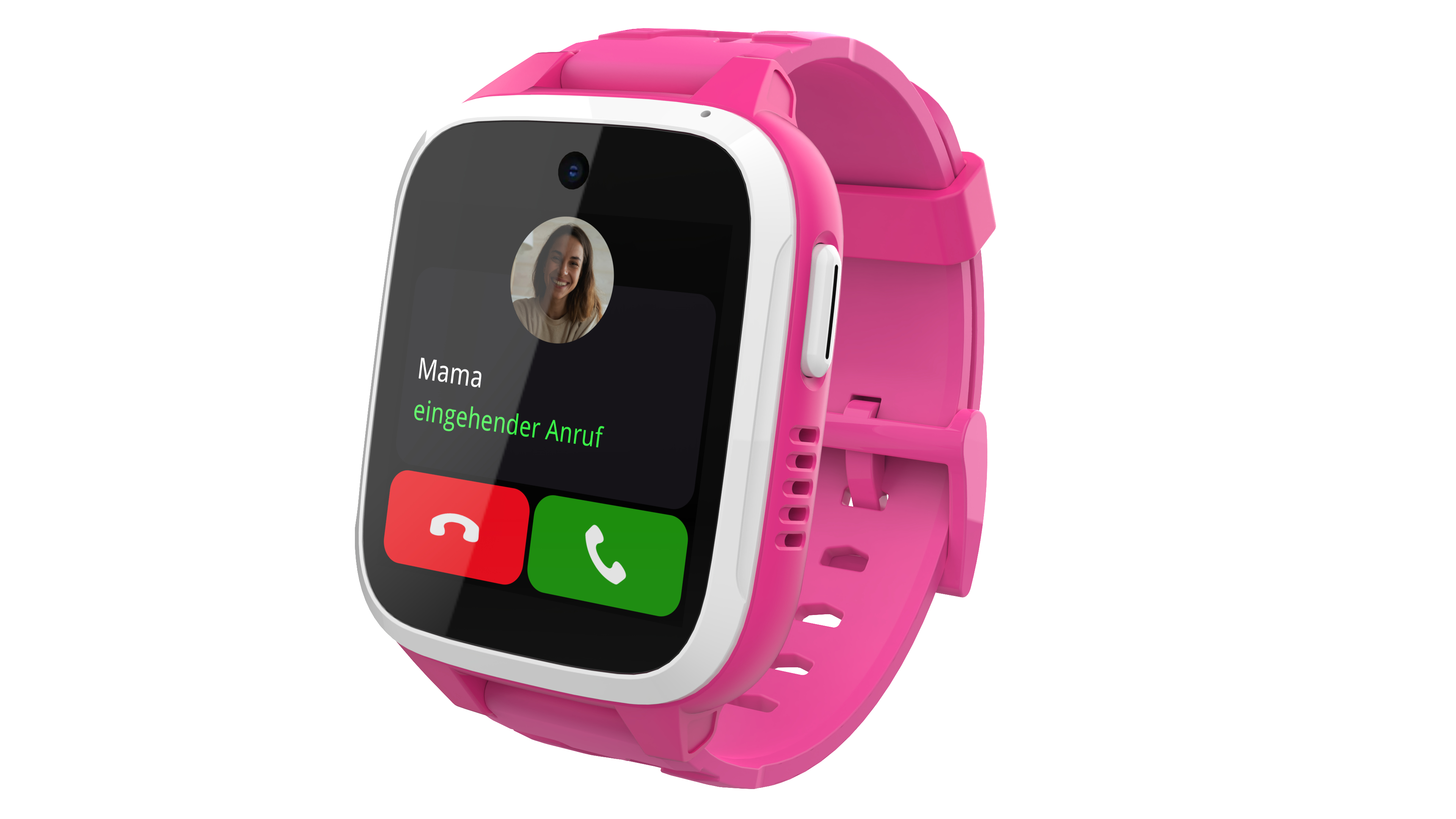 Rosa Smartwatch mit Bildschirm, der einen eingehenden Anruf von Mama zeigt.