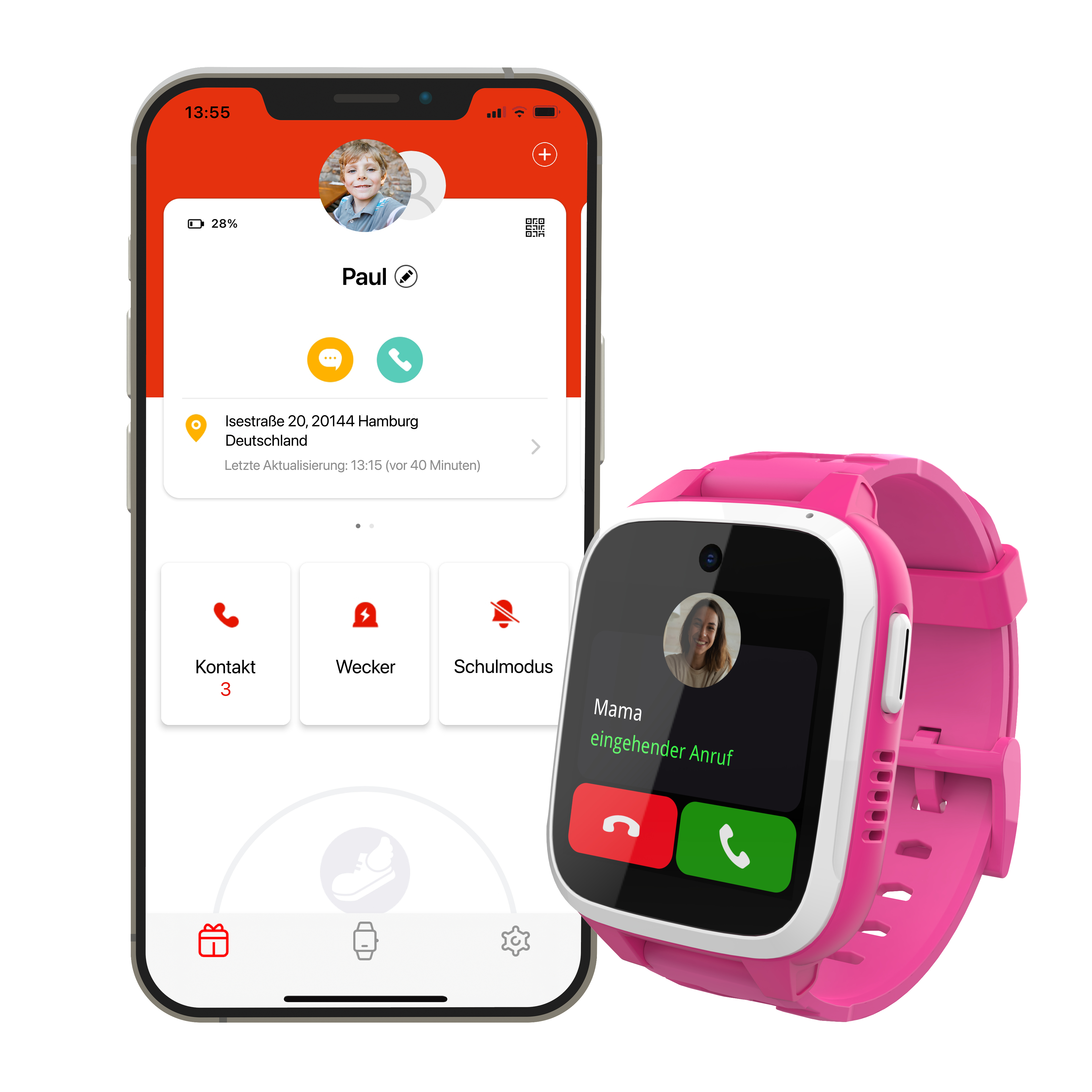 Smartphone mit Foto und Infos eines Jungen, daneben eine pinke Smartwatch.