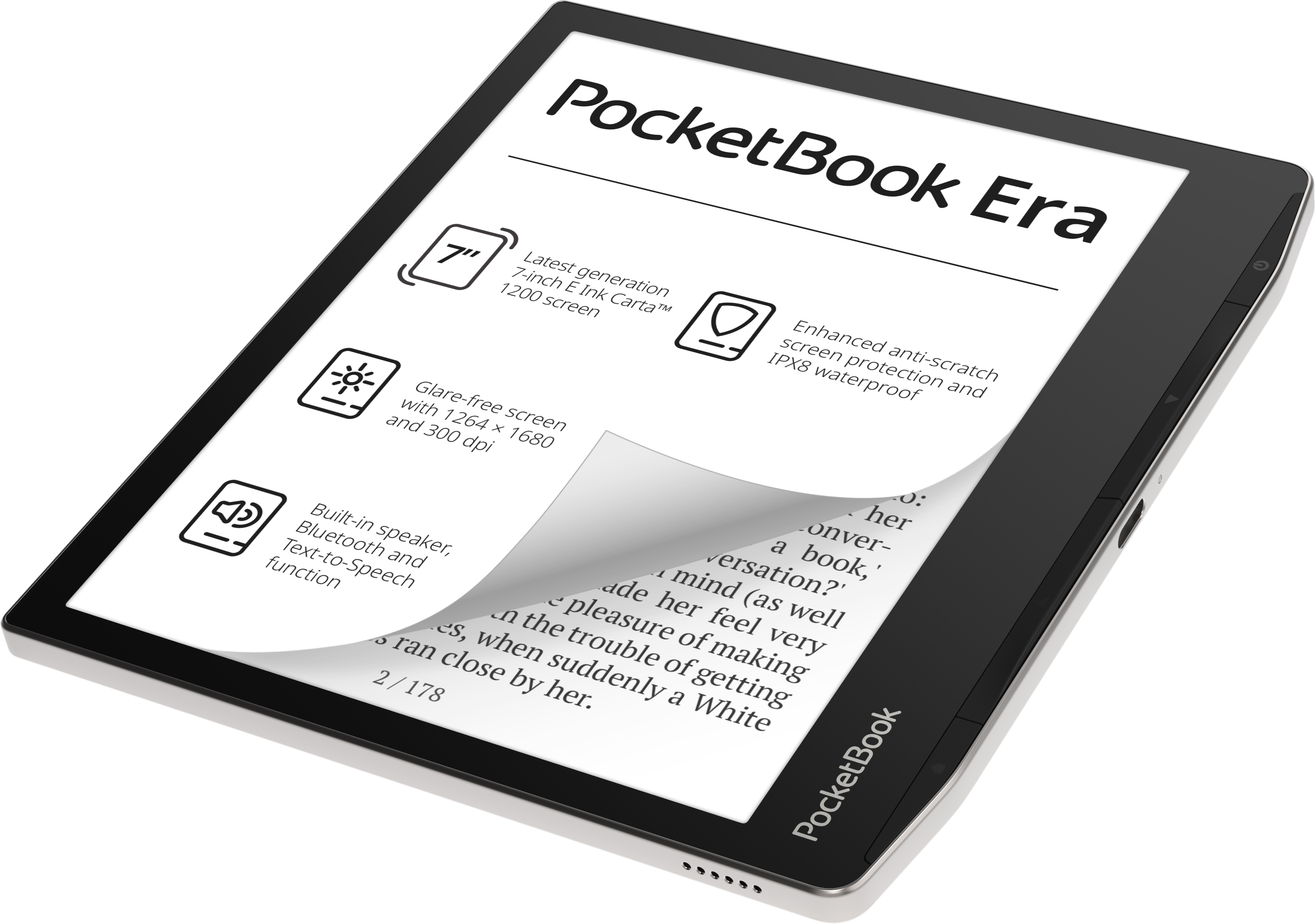 Ein schwarzer PocketBook Era E-Reader mit Text und einer umgeblätterten Seite.