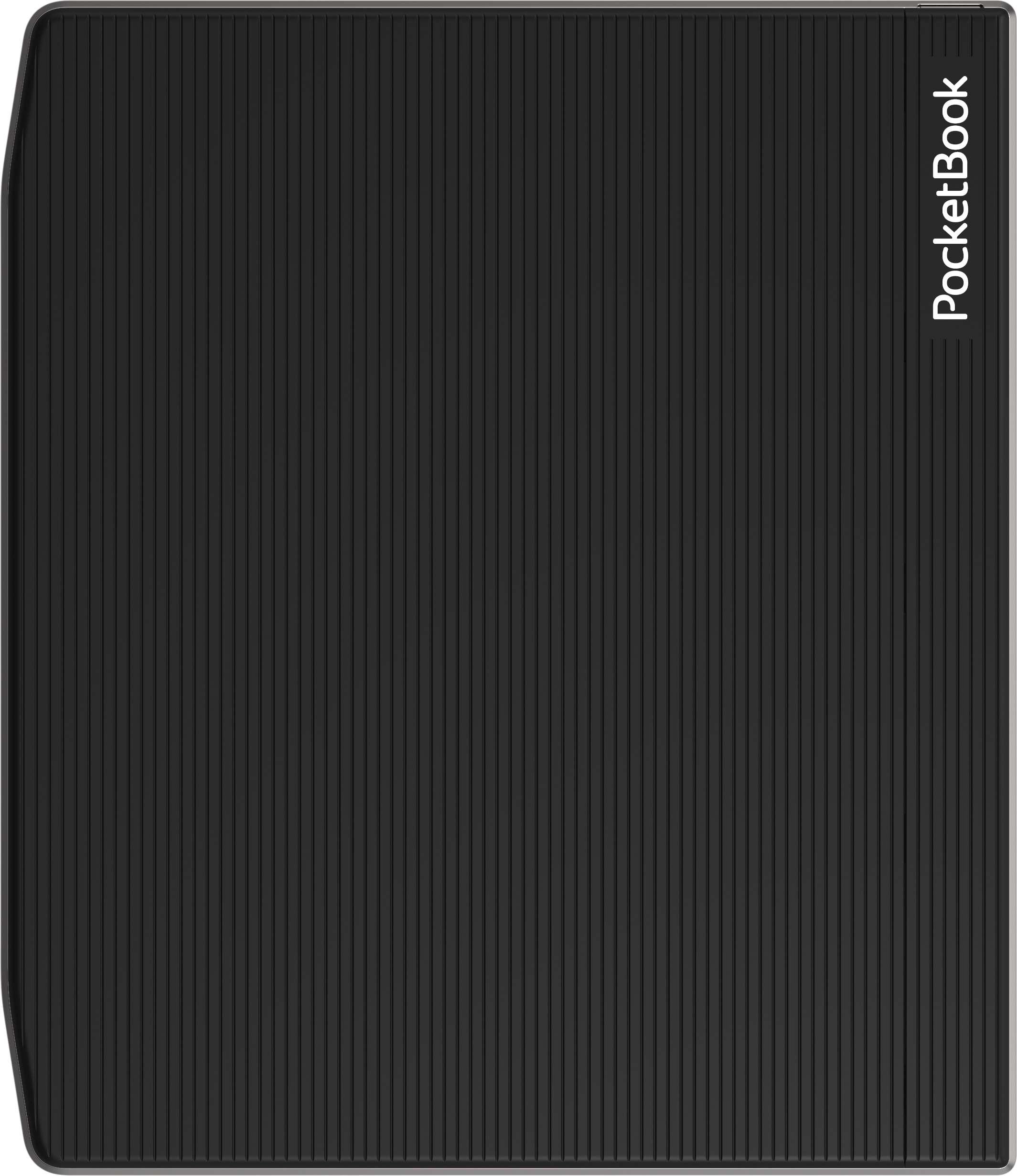 Ein schwarzer PocketBook E-Reader mit einer strukturierten, geriffelten Rückseite und dem Markennamen.