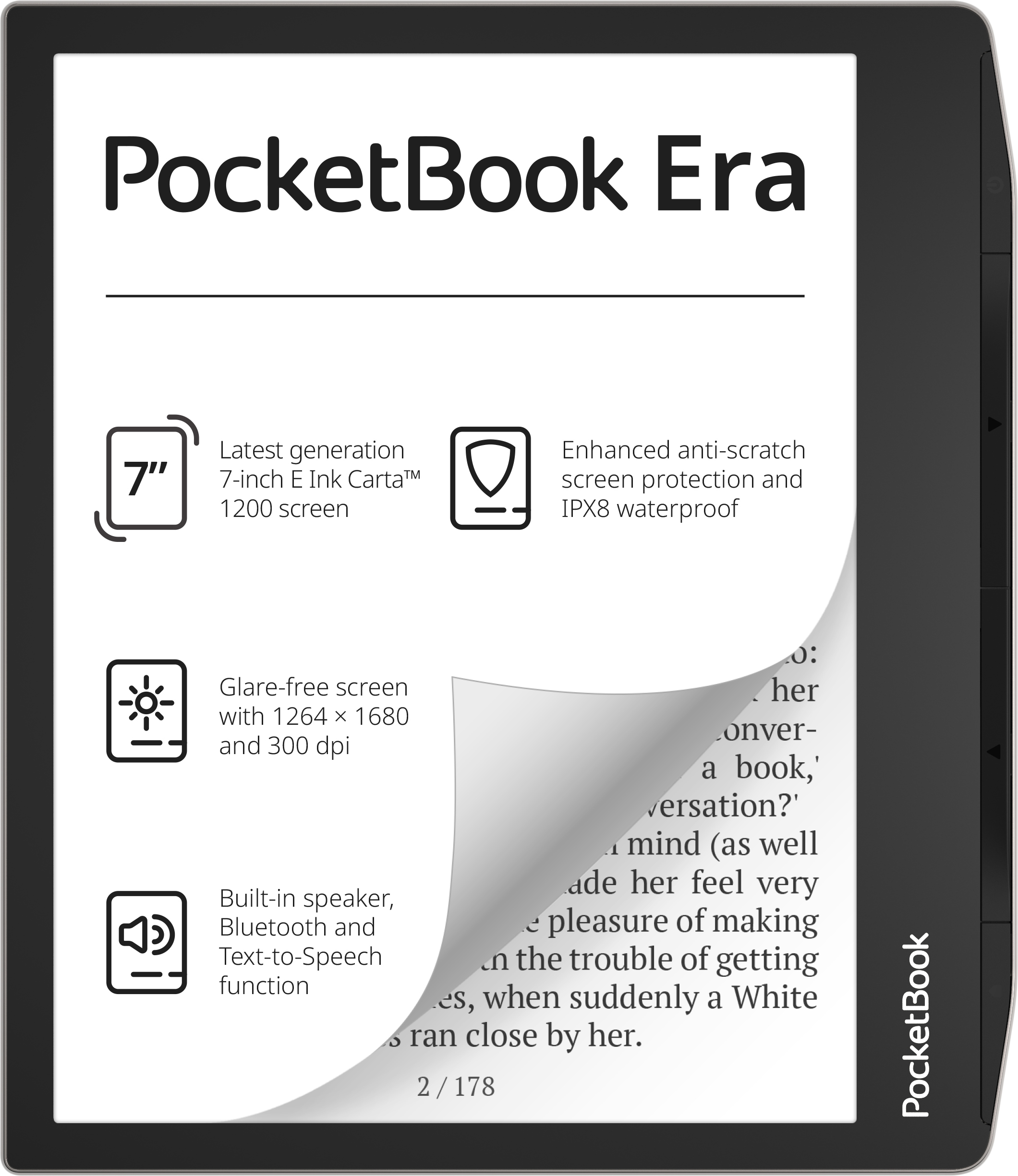 PocketBook Era E-Reader mit Text und Funktionen. 7-Zoll-Bildschirm, blendfrei und wasserdicht.
