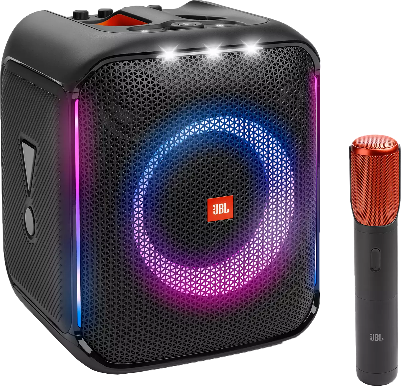 Enceinte JBL PartyBox noire avec un microphone. L'enceinte a des lumières colorées.