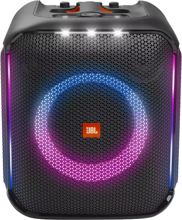 Un haut-parleur JBL noir avec une façade en maille et un anneau lumineux coloré autour du logo.