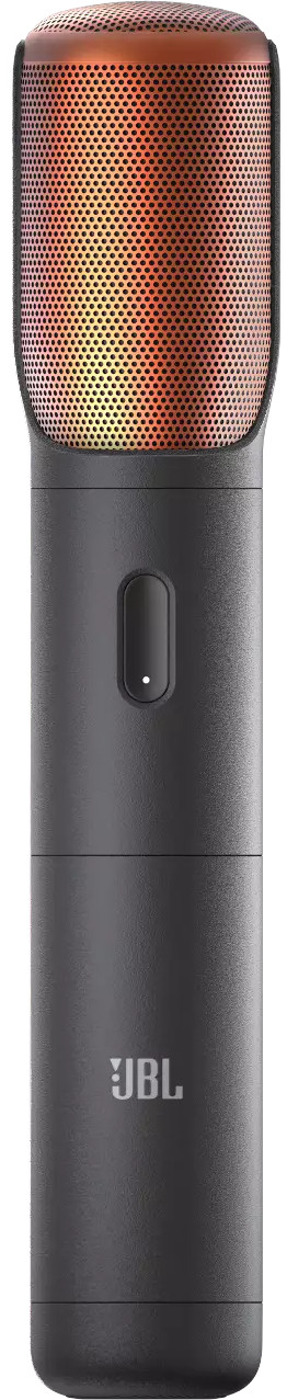 Un microphone JBL gris foncé avec un dessus en maille couleur cuivre et le logo JBL à la base.