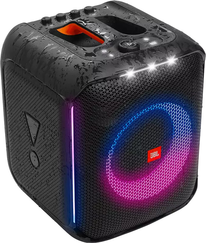 Un haut-parleur JBL noir avec des lumières colorées. Le haut-parleur a un fond sombre.