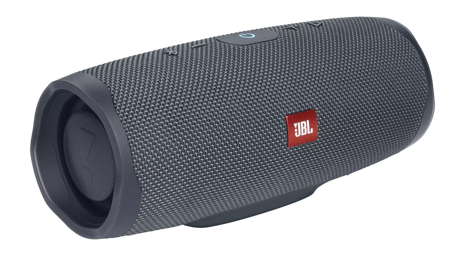 Enceinte JBL grise, forme cylindrique, avec logo JBL rouge et boutons noirs.