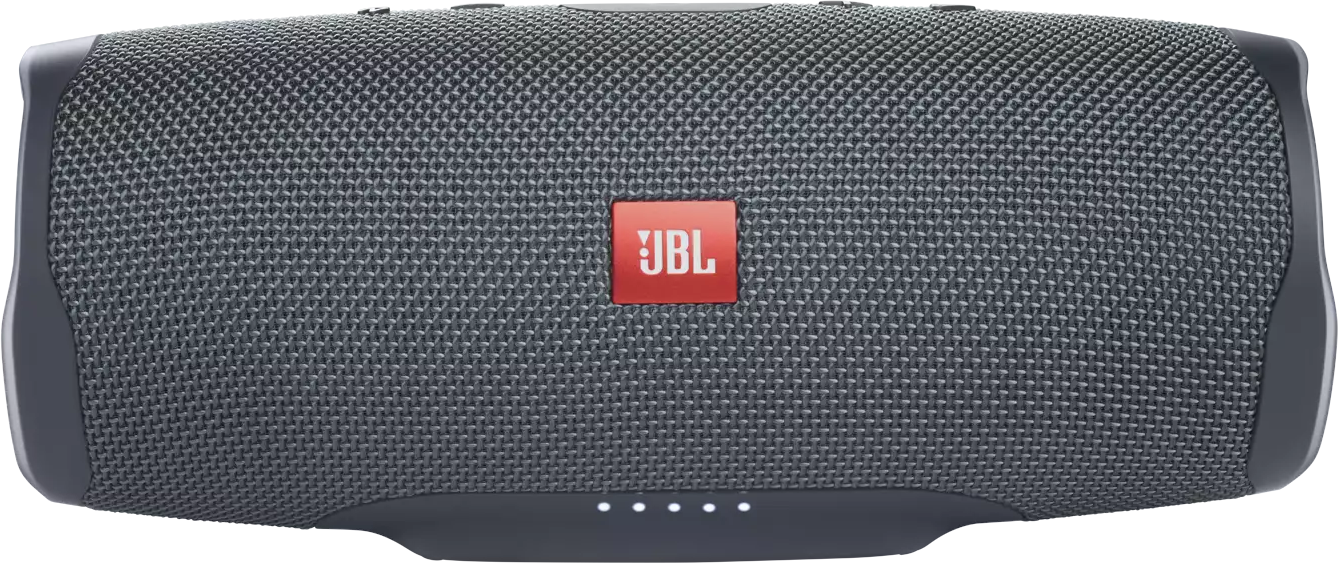 Enceinte JBL gris foncé avec le logo JBL. Fond blanc.
