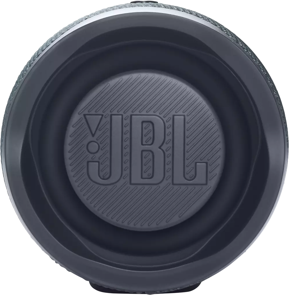 Enceinte JBL noire. Forme ronde avec logo JBL. Fond sombre.