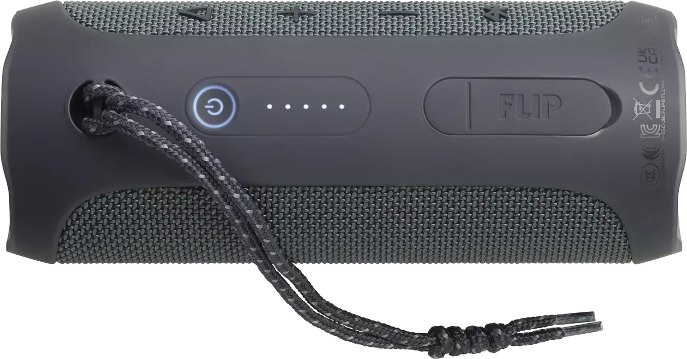 Enceinte Flip grise avec boutons et cordon tressé. Le mot 'FLIP' est visible.