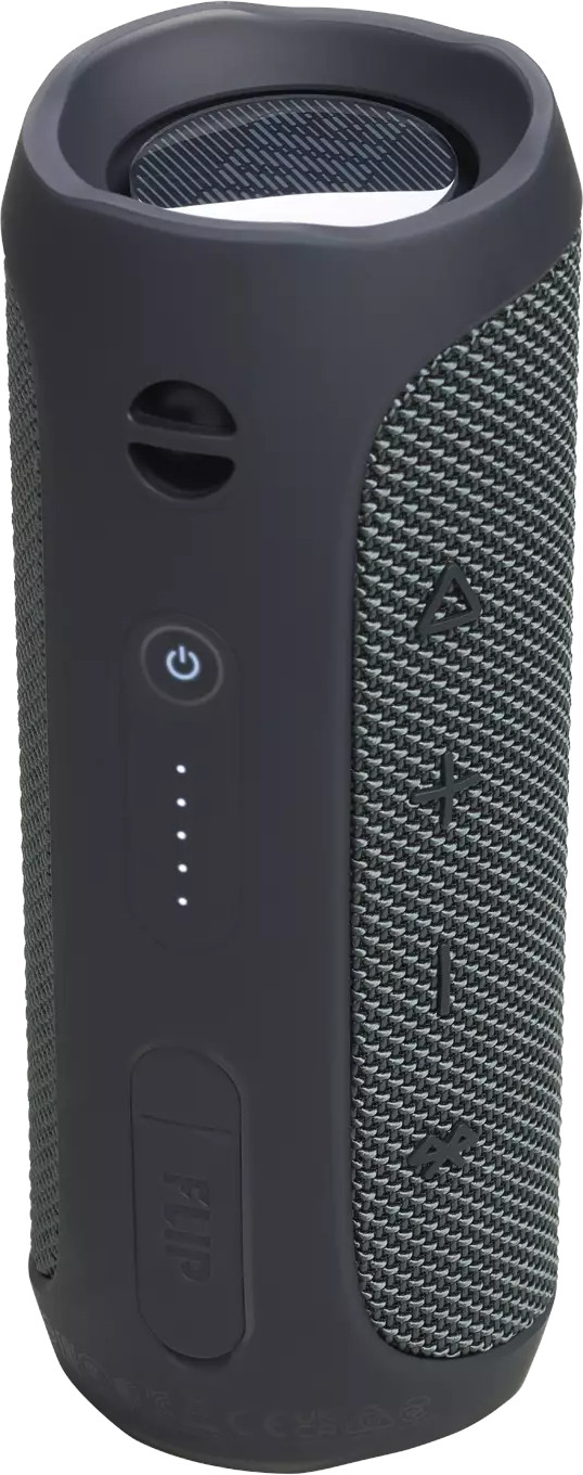 Un haut-parleur cylindrique noir avec une grille en maille et des boutons d'alimentation et de volume.