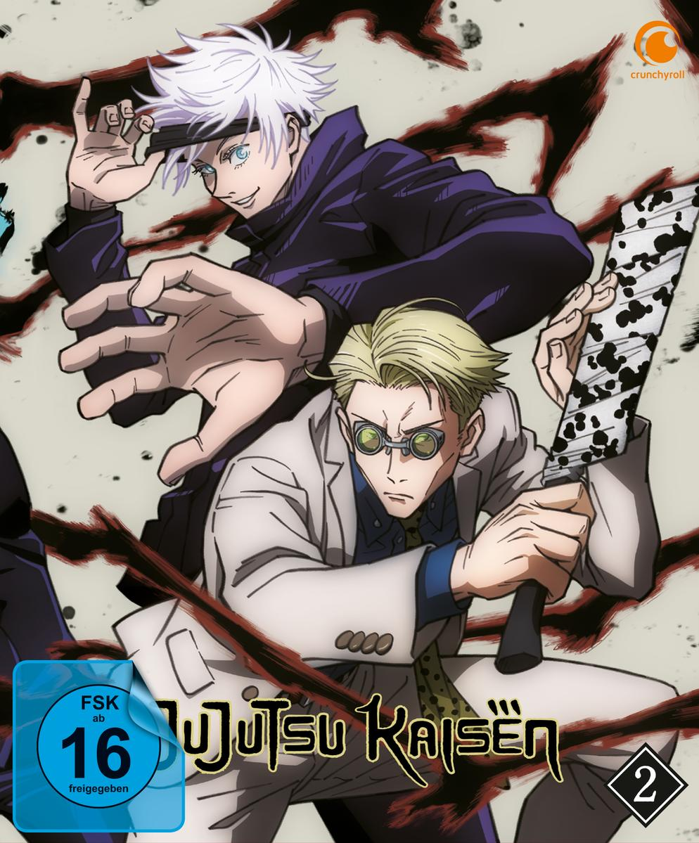 Blu-ray-Cover für Jujutsu Kaisen 2. Zwei Anime-Charaktere sind abgebildet. Einer ist weißhaarig, der andere blond.