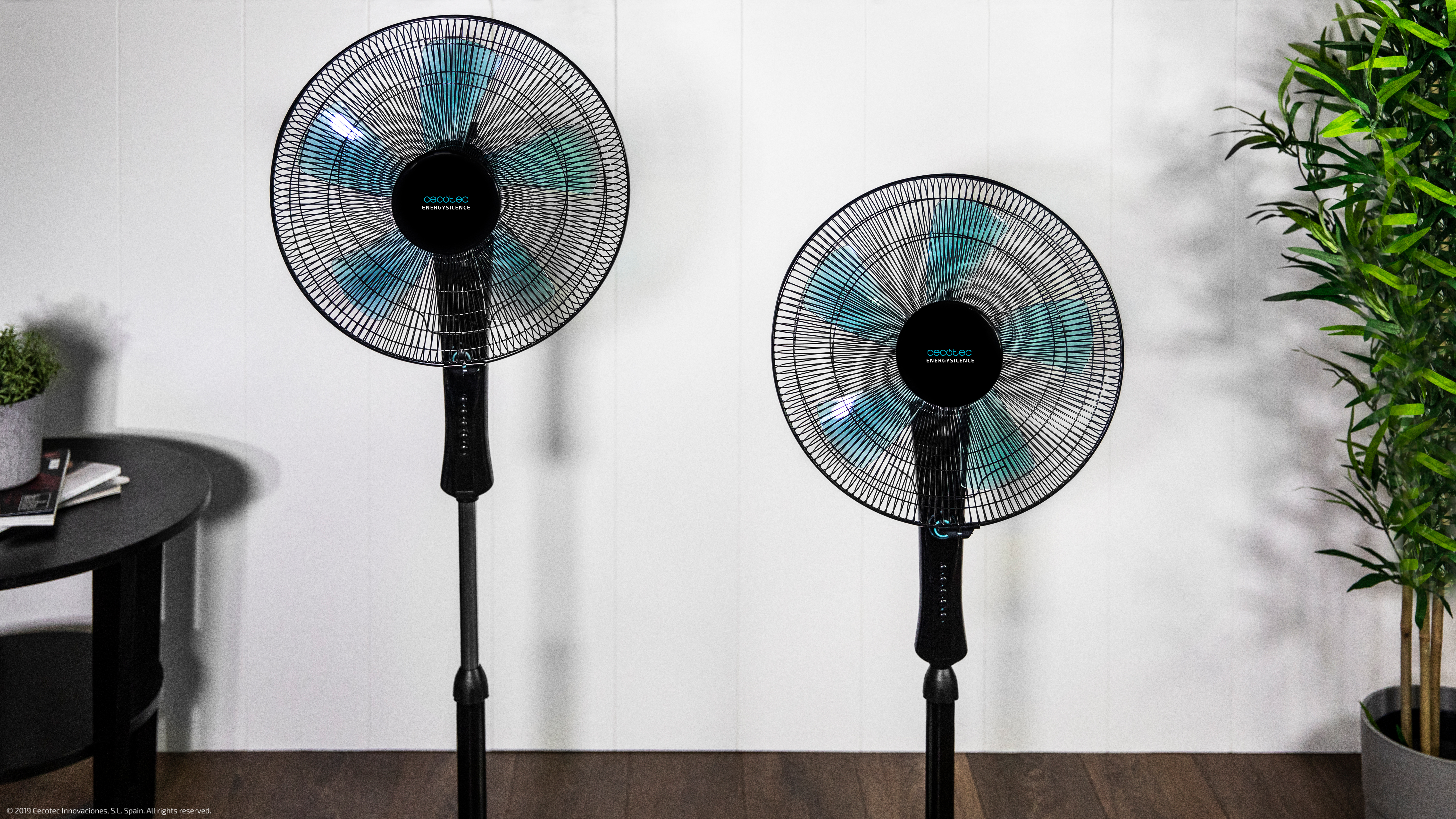 Dos ventiladores de pie negros sobre un fondo blanco. Uno es ligeramente más corto que el otro.