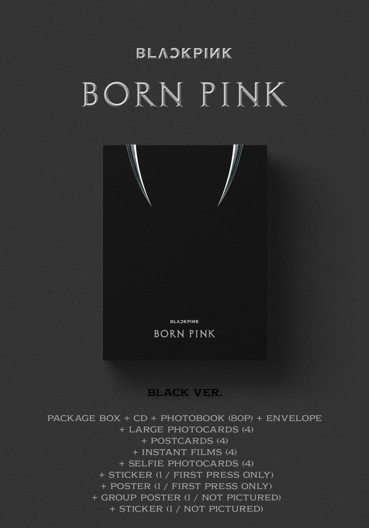 Ein schwarzes Box-Set. Der Text darauf lautet 'BORN PINK' und 'BLACK VER.'. Mehrere Artikel sind herum ausgestellt.