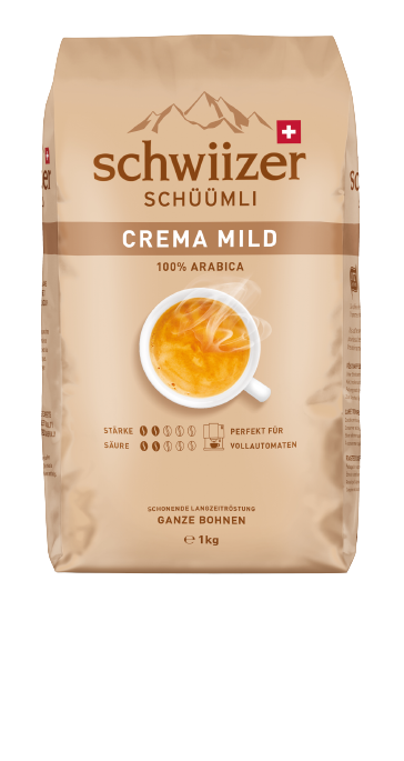 Eine Kaffeetüte mit Schweizer Branding. Eine Kaffeetasse-Grafik befindet sich in der Mitte.
