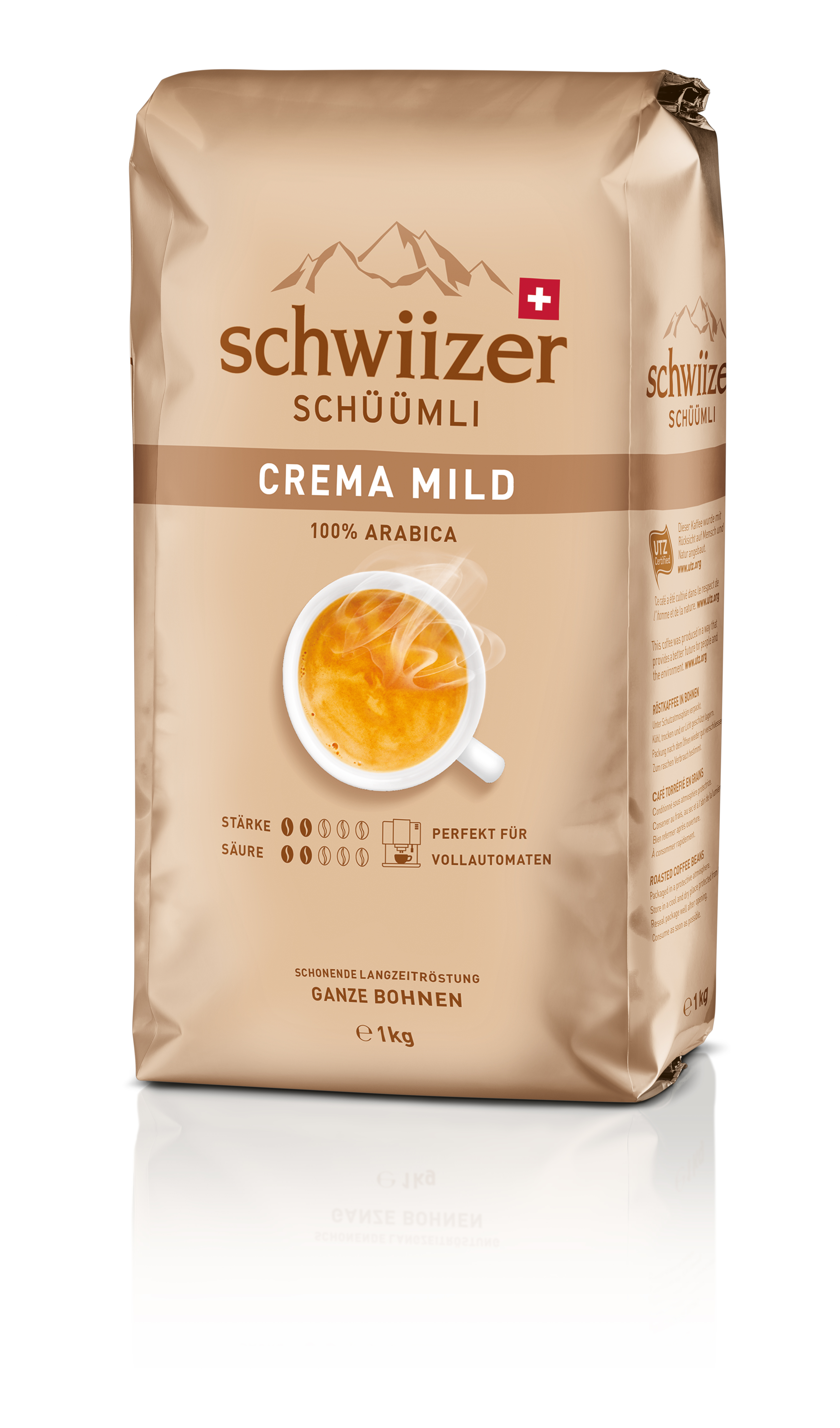 Kaffeepackung, Marke 'schwiizer schüümli', 'Crema Mild' steht darauf, 100% Arabica.
