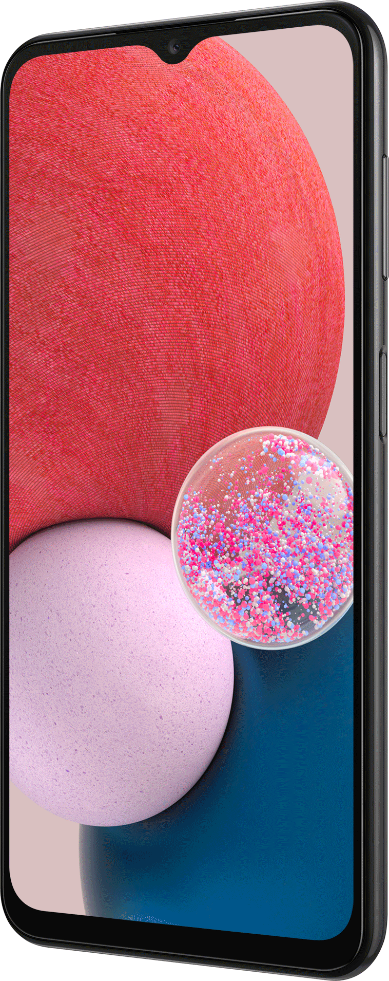 Smartphone met rood en roze abstract ontwerp, een bel en een zwart frame.
